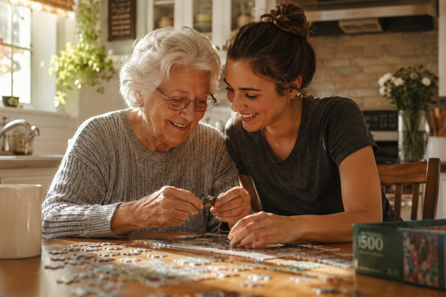 an older adult and a younger family member doing a puzzle together