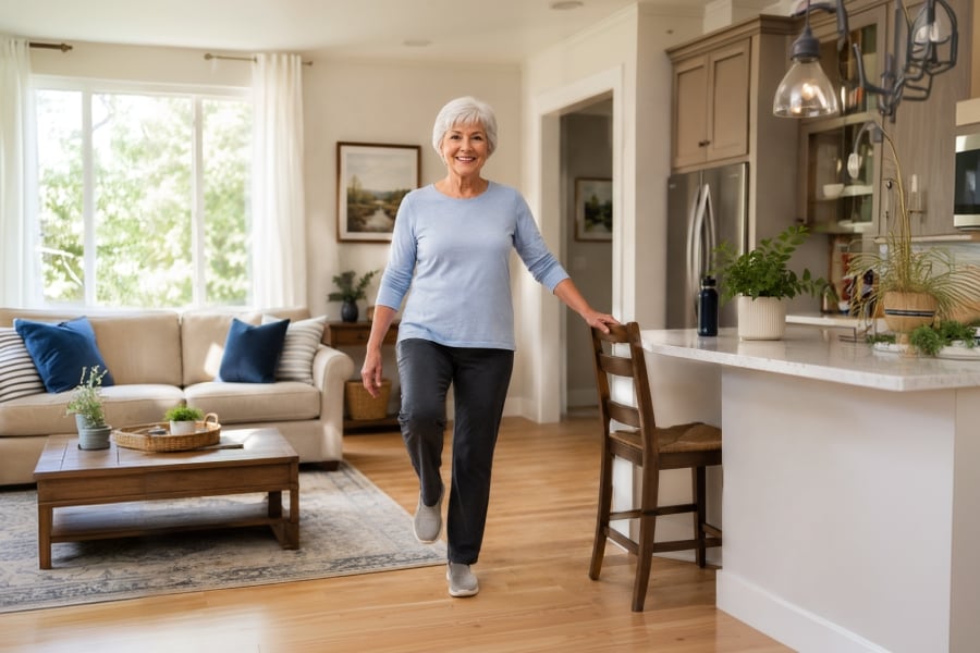 older adult practicing a supported standing balance exercise at home