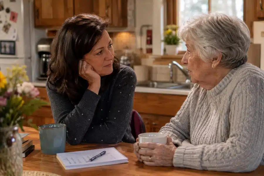 Adult daughter talking with her senior mother at home about care options