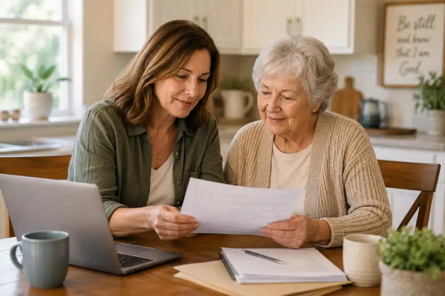 Adult daughter and senior mother reviewing Medicare costs together at home