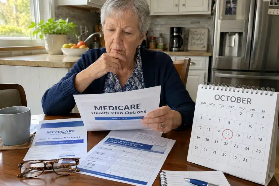 Senior reviewing Medicare Annual Enrollment Period materials and a calendar