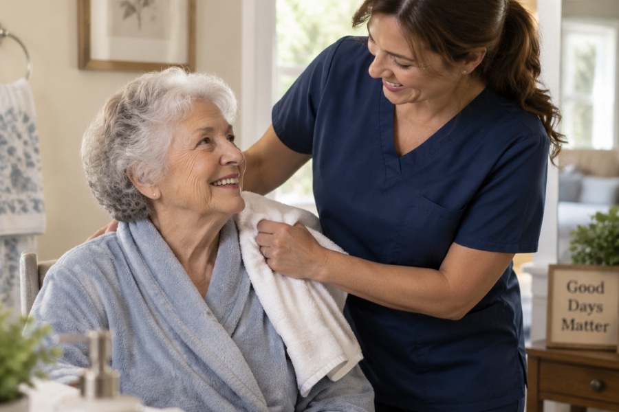 a caregiver helping a senior with a daily personal care task at home