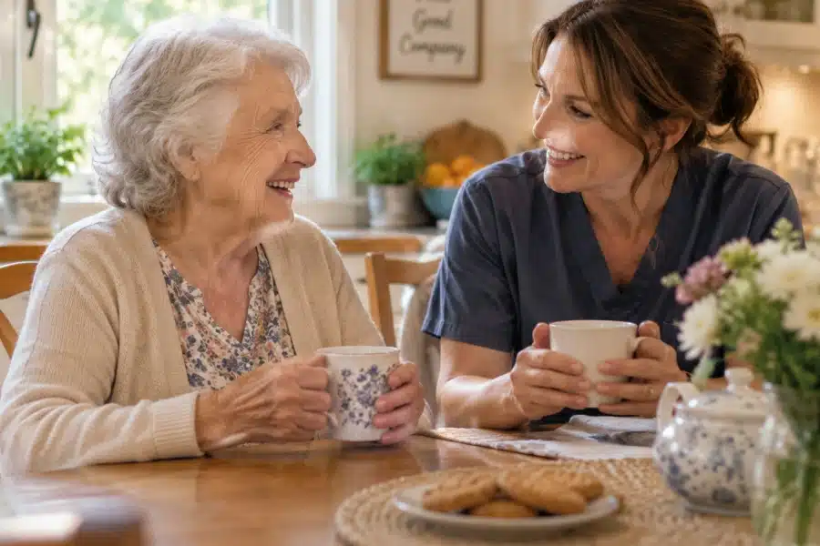 Senior woman and companion caregiver talking together at home
