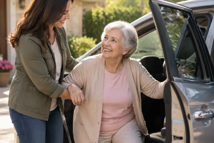 Senior woman getting a ride from a caregiver or volunteer driver