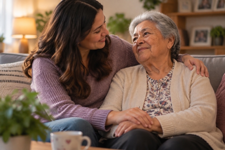 Adult child comforting an elderly parent, representing hospice caregiver and bereavement support