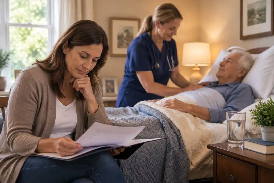 Adult daughter reviewing hospice paperwork at her father's bedside while a hospice nurse provides care