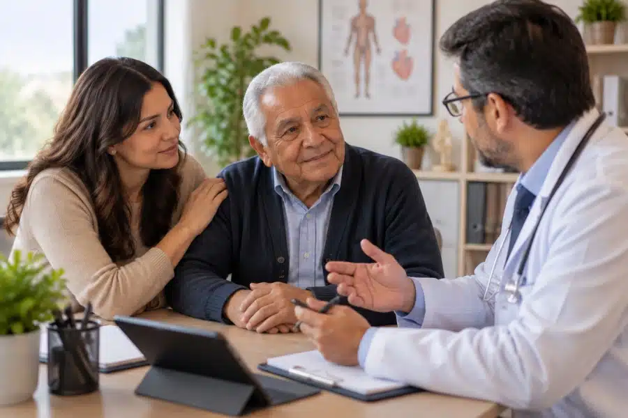 Adult daughter and her father talking with a doctor about palliative and hospice care options
