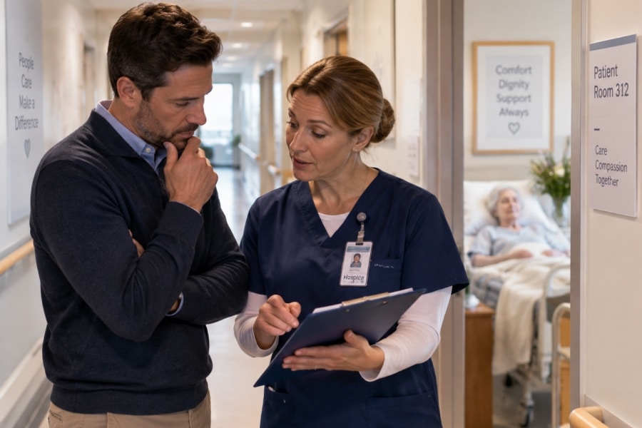Adult son and hospice nurse talking in a hospital hallway about a short-term inpatient hospice stay
