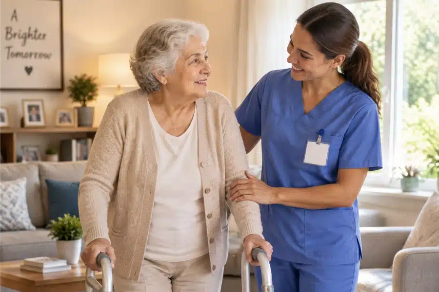 Home health nurse helping an older woman with a walker at home