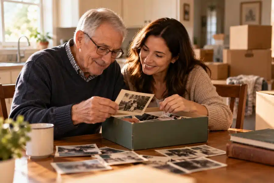Adult daughter and her elderly father looking through family photos while downsizing his home