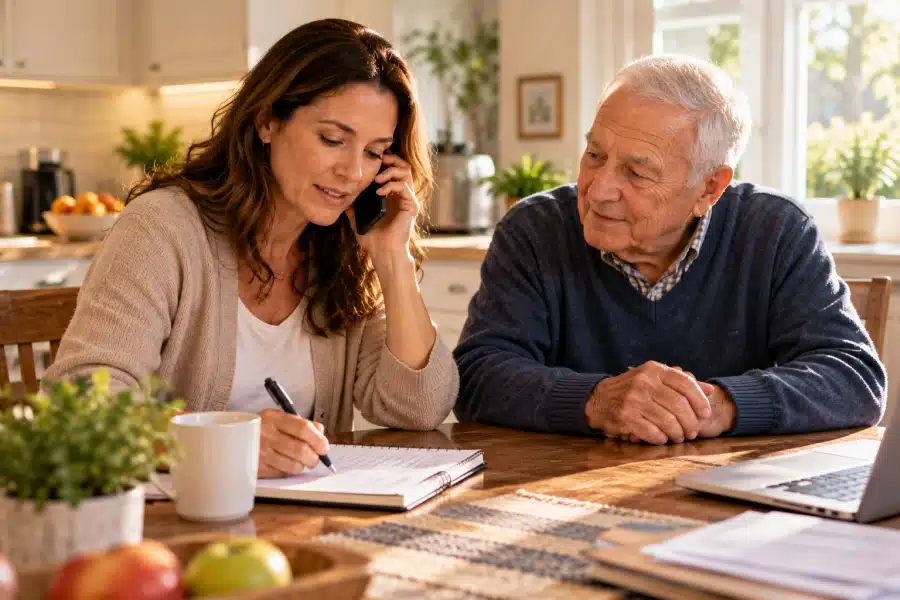 adult daughter calling her local area agency on aging with her father at the kitchen table