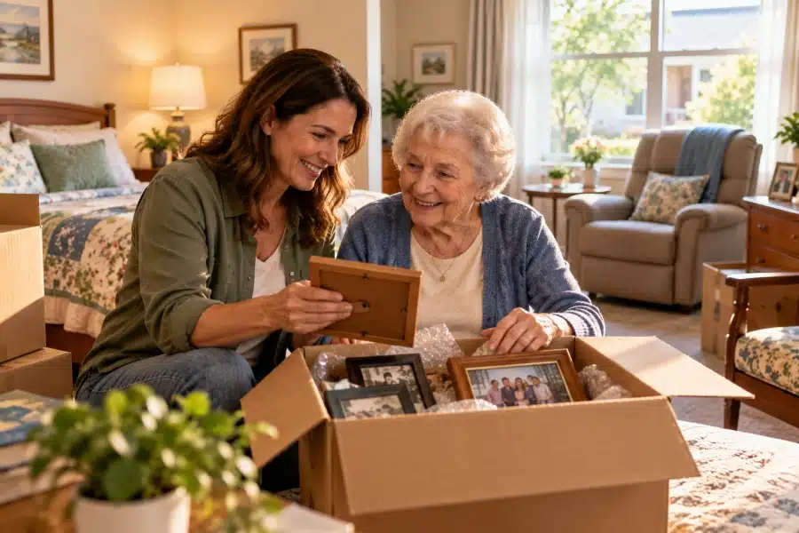 Adult daughter helping her mother unpack family photos in a new assisted living apartment