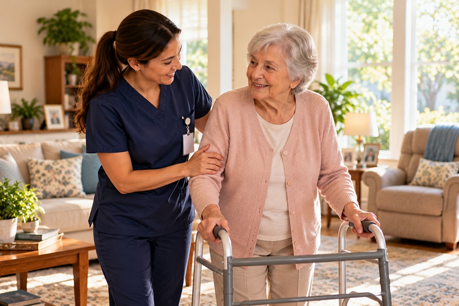 home health aide helping an older woman walk safely with a walker at home