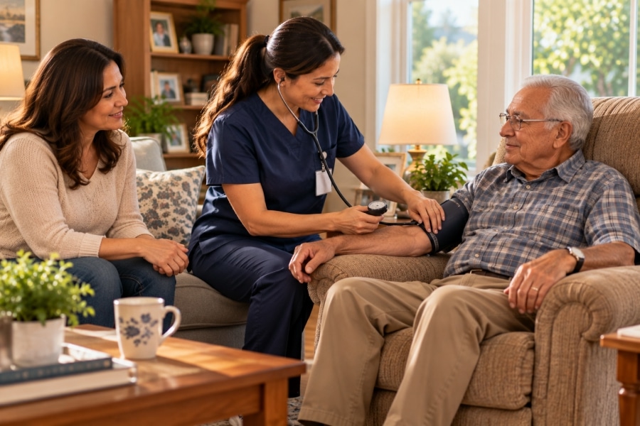 Home health nurse checking an older man's blood pressure during a home visit