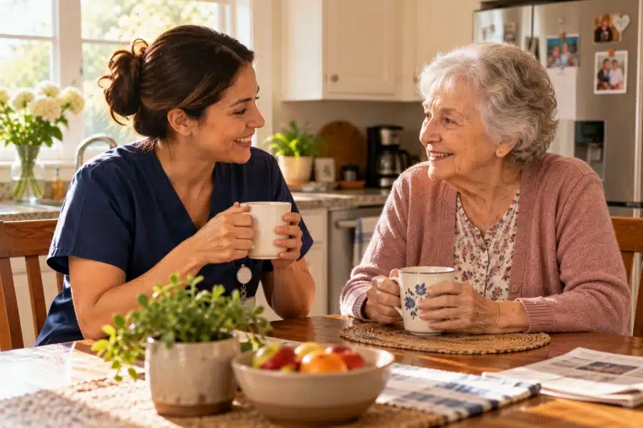 Live-in caregiver sharing coffee with an older woman at her kitchen table