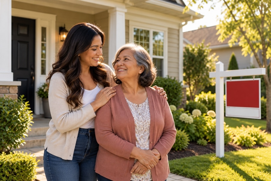 Older mother and adult daughter on the porch of the family home with a for sale sign in the yard