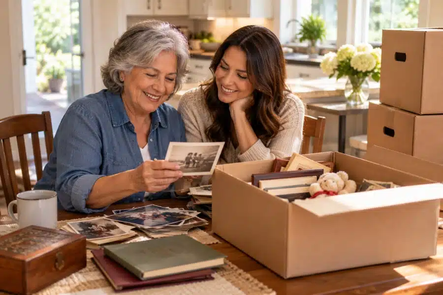 senior woman and adult daughter sorting family keepsakes while downsizing