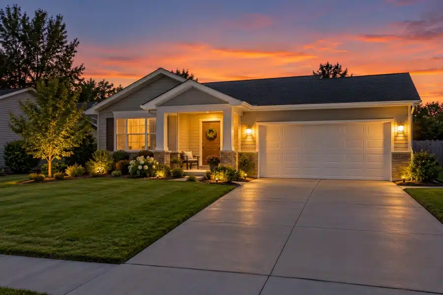 Well-kept family home at dusk with the porch light on while it sits empty during a parent’s move